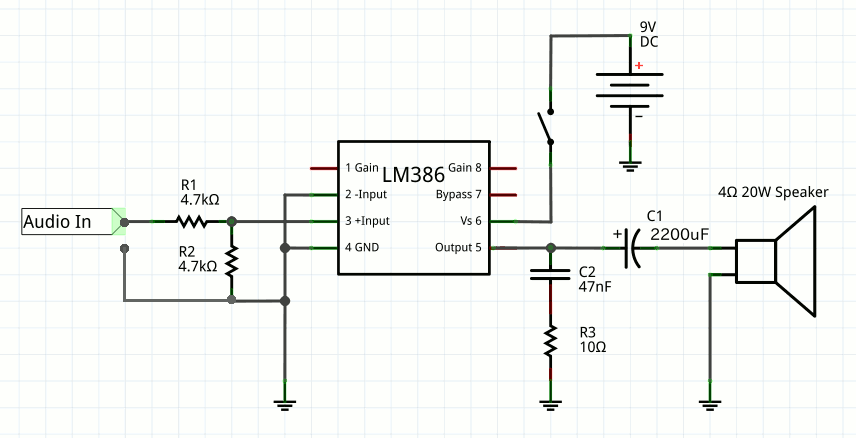 NJM368,LM386のアンプ回路図（モノラル）