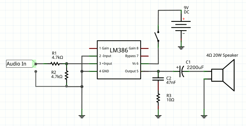 NJM368,LM386のアンプ回路図(モノラル)
