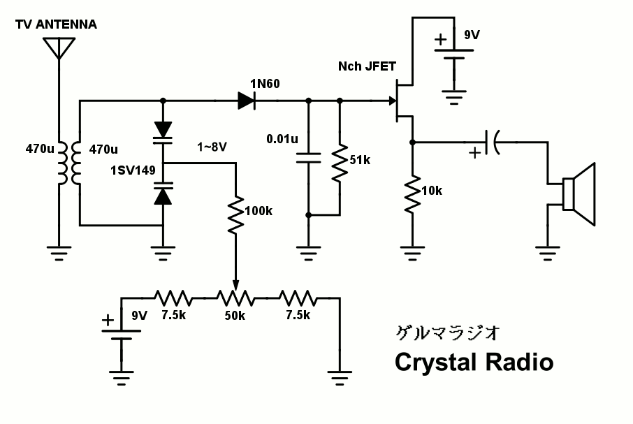 バリキャップとJFETを使ったゲルマニウム・ラジオの回路図