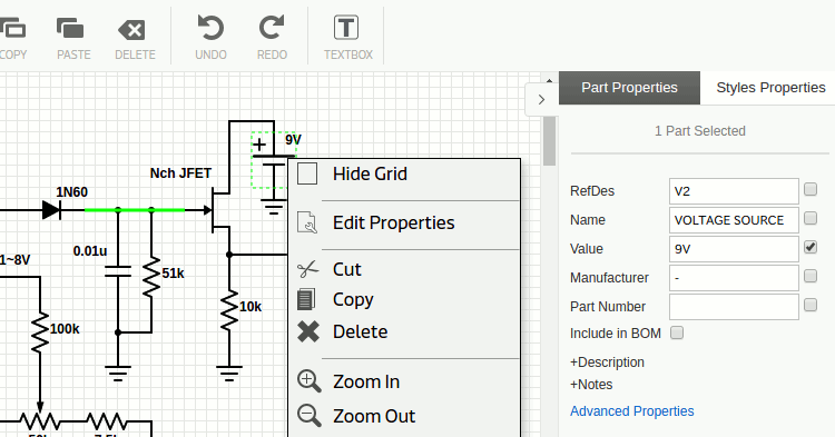 schematicsの回路図エディターのパーツの編集
