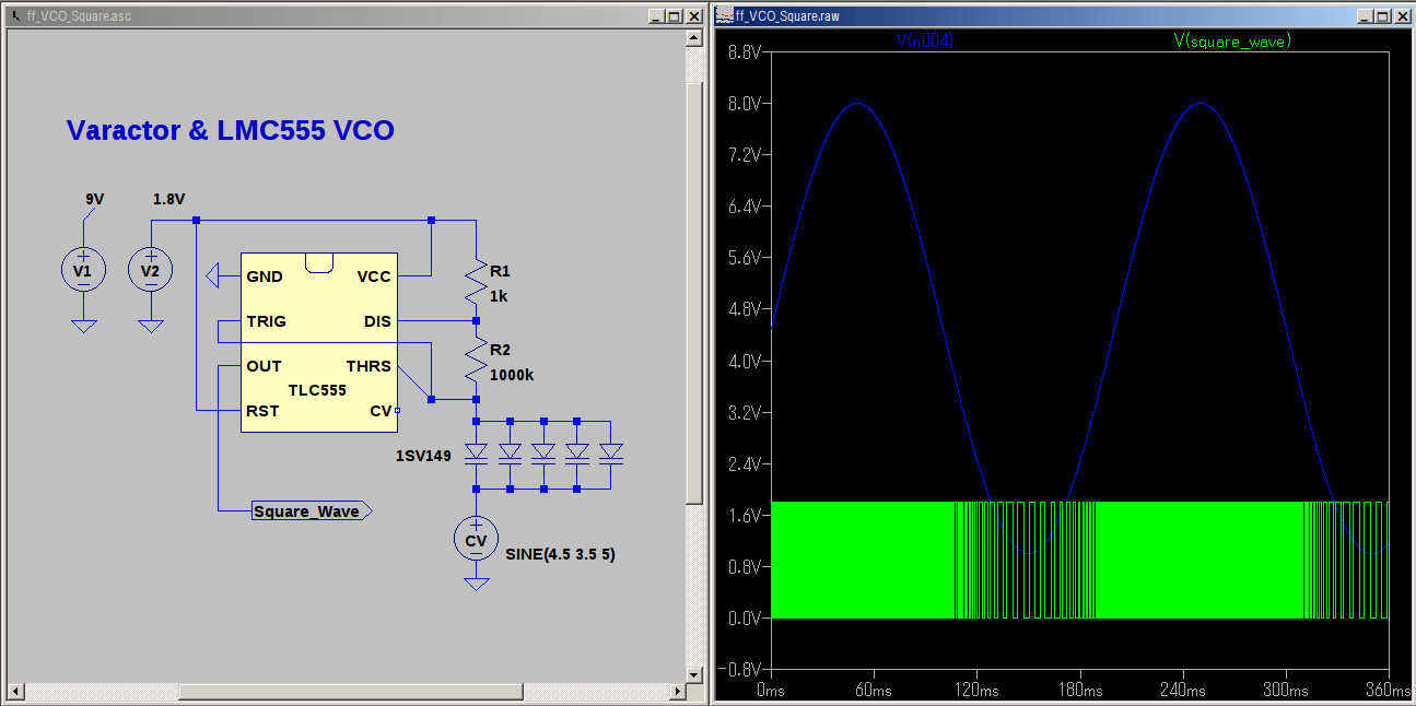 LTSpiceでバリキャップ1SV149とLMC555のVCO回路をシミュレーション